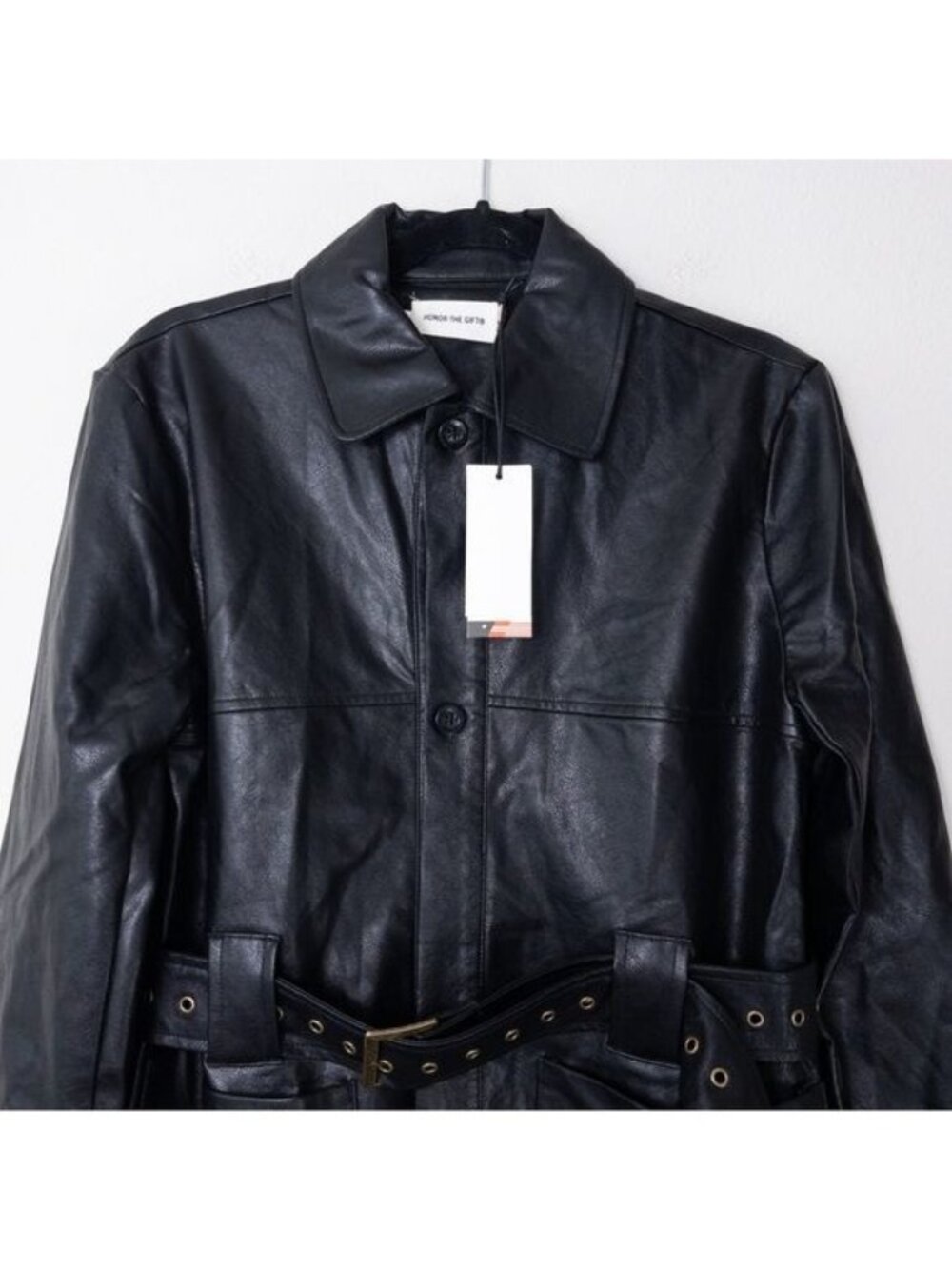 NWT Honor The Gift Vegan Leather Belted Trench Coat S Black Oversized Logo - Picture 9 of 15